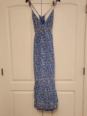 Vineyard Vines Blue and White Floral Maxi Dress with Spaghetti Straps